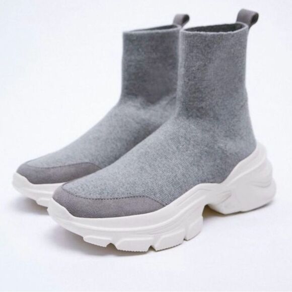 ZARA Sock Knit Sneakers Women’s Sz 8 Gray Stretch Comfy 2.5” Heel Chunky Booties - Picture 2 of 12